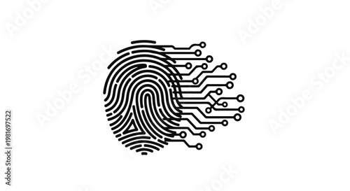 Fingerprint digital icon integrates with complex electronic circuit board lines to symbolize advanced biometric security, identity protection technology, and modern cyber data authentication systems.