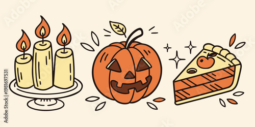 Autumnal still life featuring a jack o lantern candles and pumpkin pie