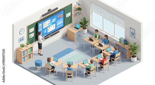 Modern Classroom with Interactive Smartboard and Students Using Laptops