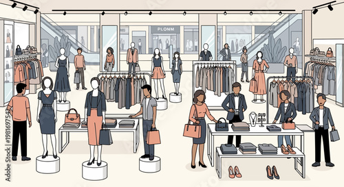 Diverse shoppers browse modern clothing store with mannequins and fashionable apparel
