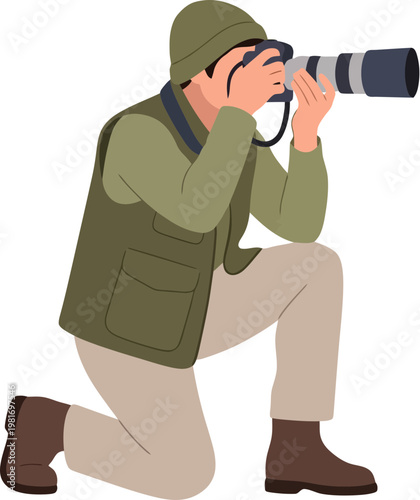 Man holding a large camera lens.