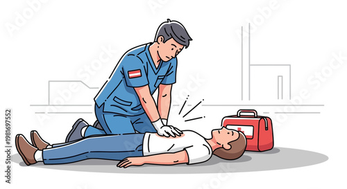 Paramedic performing CPR on unconscious person, medical emergency, life saving