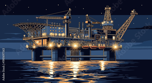 Offshore oil rig platform at night, illuminated, reflected in the ocean, industrial, energy production