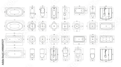Set of bathroom furniture and sanitary ware icons with dimensions
