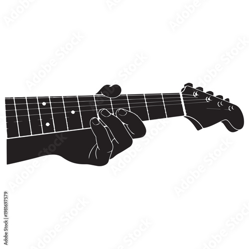 Hand playing electric guitar fretboard close-up instrument