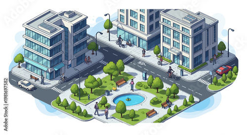 Isometric City Park with Buildings, People, and Green Spaces