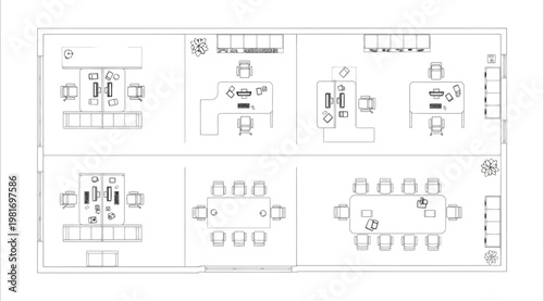 Architectural floor plan of a modern office space with desks and conference tables