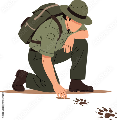 Man in green uniform examines tracks.
