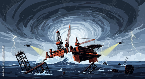 Oil rig in storm, hurricane, heavy waves, lightning, helicopters, disaster, pixel art