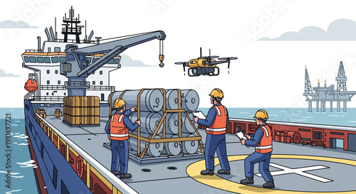 Offshore workers on ship deck with drone, oil rig in background, logistics concept
