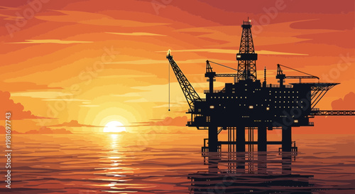 Offshore oil rig silhouette at sunset, dramatic orange sky, ocean reflection, industrial energy