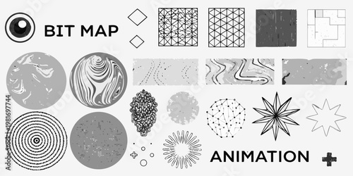 Abstract grayscale patterns and shapes with bit map and animation text