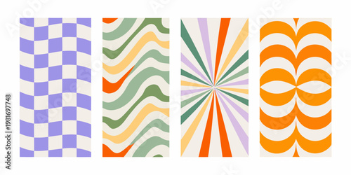 Four vibrant vertically oriented abstract patterns with retro styling