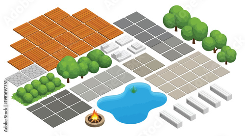 Tablou pe pânză Isometric landscape design elements with trees, paving, pond, and benches