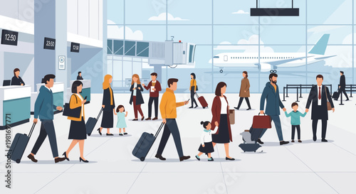 Diverse people walking with luggage in modern airport terminal, boarding airplane
