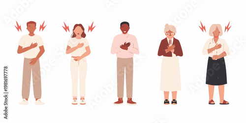Diverse people experiencing heart problems or chest pain seeking medical attention