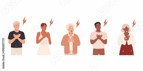 Diverse people experiencing sudden heart pain or cardiac arrest symptoms