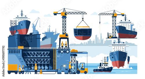 Shipyard Construction Scene: Cranes Building Large Vessels, Tugboat, Cargo Ships