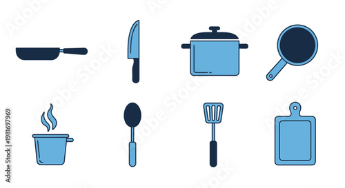 Set of blue vector kitchen utensils and cooking equipment illustrated in a simple modern graphic style