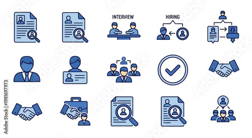 Professional set of business recruitment icons featuring human resources management and hiring process in vector graphic style