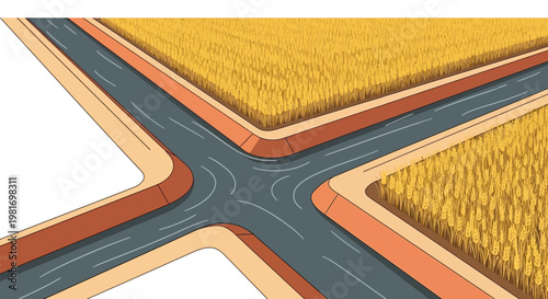 Aerial view of an agricultural landscape with intersecting irrigation canals and golden crop fields.