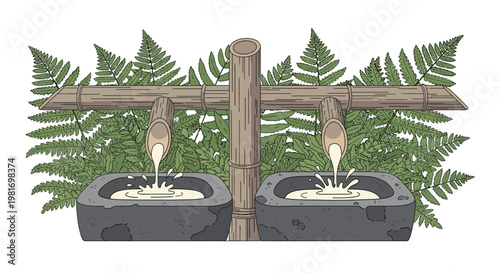 Two bamboo water spouts pouring water into stone basins, surrounded by lush green ferns in a tranquil setting.