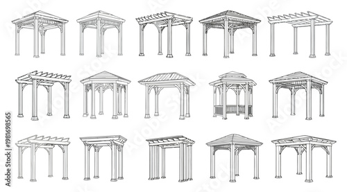 Set of various pergola and gazebo designs for garden and outdoor architectural structures