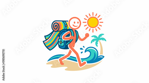 Happy Stick Figure Hiker Enjoying Beach Vacation