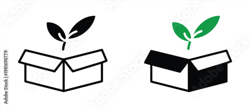 Minimal black and white outline icon set. of open box with leaves. Eco friendly packaging, sustainable product, green business and environmental concept