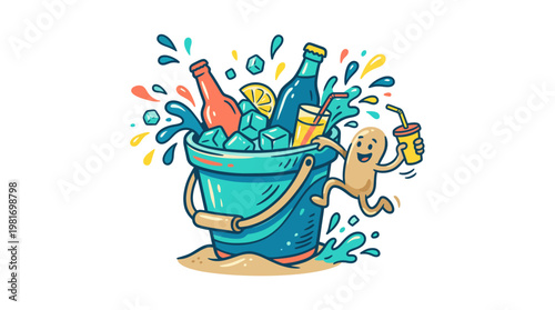 Fun Summer Drinks in a Bucket with Cheerful Character