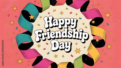 Happy Friendship Day Retro Card with Colorful Ribbons, Stars, and Confetti Illustration