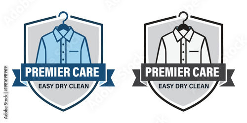 Premier Care Easy Dry Clean Logo Featuring a Collared Shirt on a Hanger in a Professional Shield Emblem for Laundry and Garment Care Branding