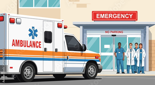 Ambulance Arrives at Hospital Emergency Entrance with Medical Team