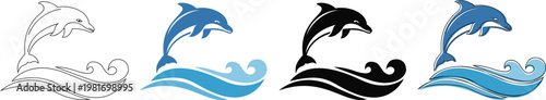 Dolphin icon set featuring jumping marine mammals with ocean wave symbols in blue and black styles. Aquatic animal silhouettes represent nature sea life and summer vacation. Vector illustration.
