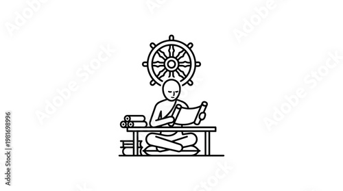 Monk Meditating Reading Scriptures with Dharma Wheel