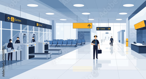 Modern airport terminal interior with security check, gates, and travelers