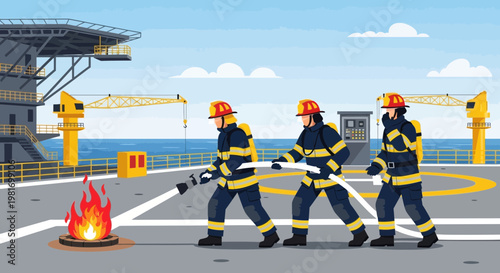 Firefighters practice fighting fire on offshore platform helideck, emergency drill