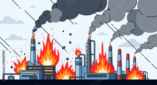 Industrial Plant Fire Explosion Disaster, Smoke and Flames, Pollution