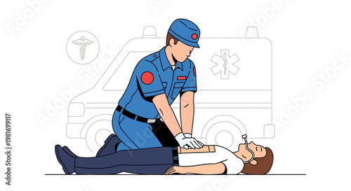 Paramedic performing CPR on patient with ambulance background