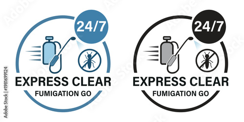Fumigation Logo Featuring 24-7 Pest Control Services with Sprayer Tank and Termite Warning Icons for Professional Extermination Branding