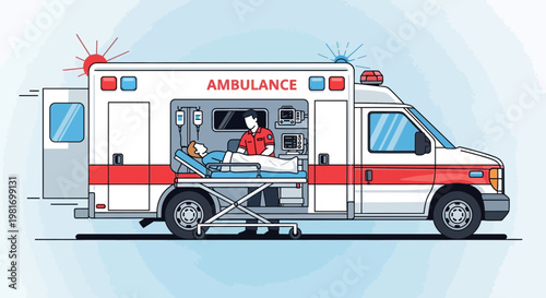 Ambulance Responding to Emergency, Paramedic Tending to Patient on Stretcher