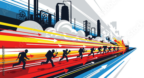 Industrial workers running towards bright future, concept of progress and industry