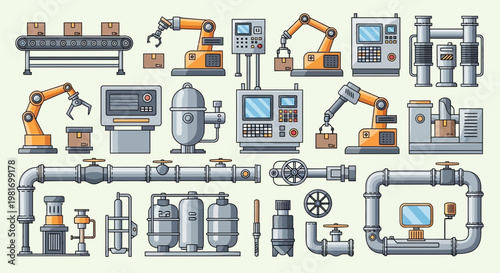 Industrial Automation: Robot Arms, Conveyor Belts, Pipes, Machinery, Factory Equipment