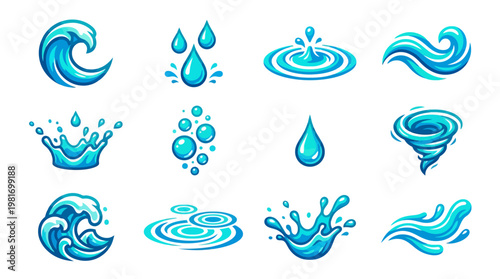 Water Droplets and Wave Icons Set.