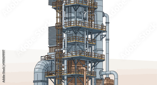 Industrial Refinery Tower Complex with Pipes and Structures