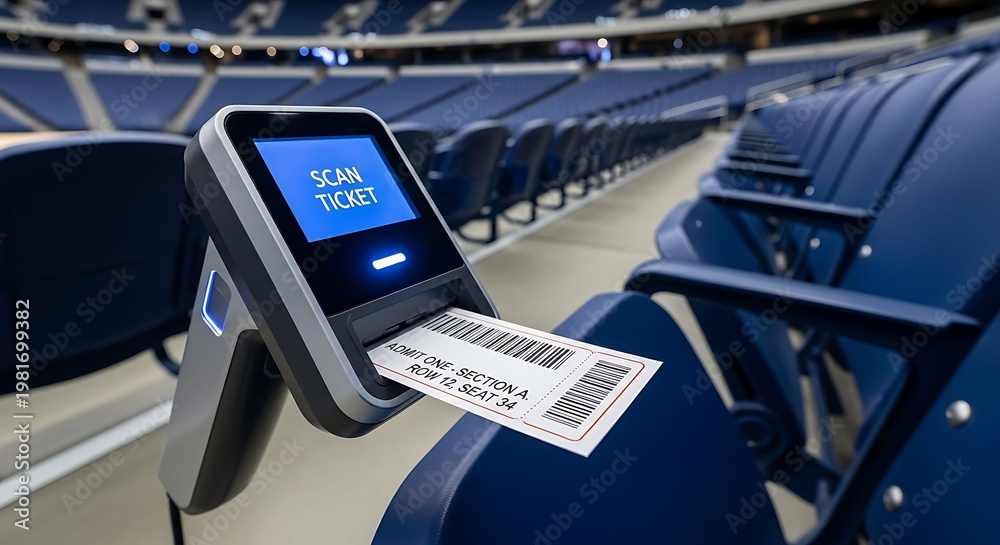 Fototapeta premium Close-up of ticket scanner in stadium with blue seats, scanning ticket