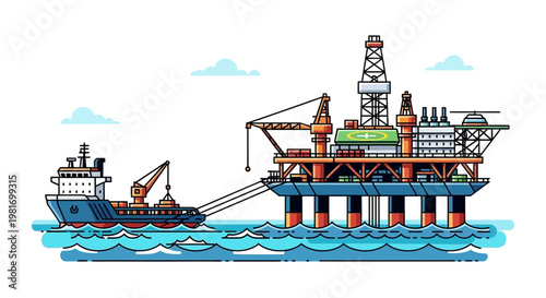 Offshore Oil Rig Platform and Supply Ship in Ocean - Industrial Energy Production