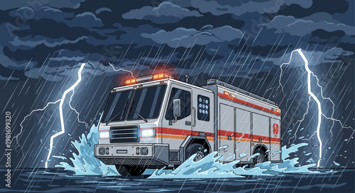 Fire Truck Driving Through Stormy Rain and Lightning