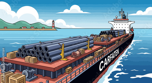 Cargo ship transporting industrial pipes and materials on the sea, approaching a lighthouse and coast.