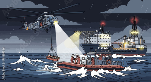 Search and Rescue Operation: Helicopter and Boat Aid Ship in Stormy Sea